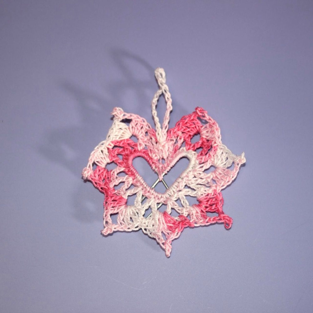 Pink and White Crochet Heart Ornament